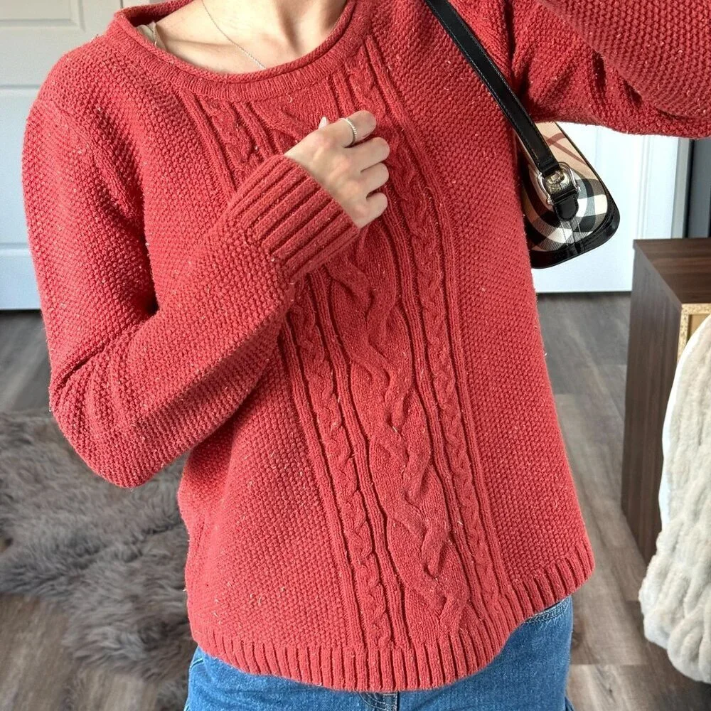 LL Bean Speckled Red Cable Knit Sweater Womens M Cottagecore Grandmacore